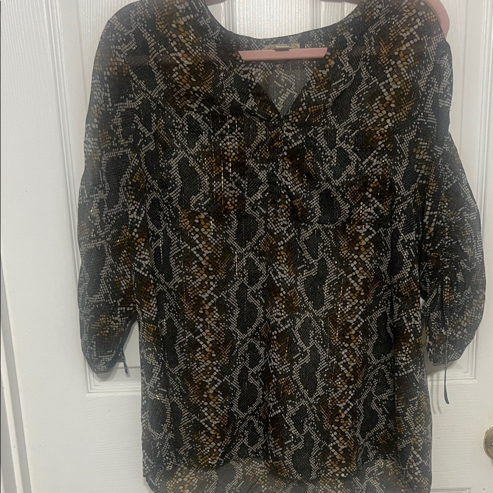 ONE WORLD Black and Brown Patterned Blouse